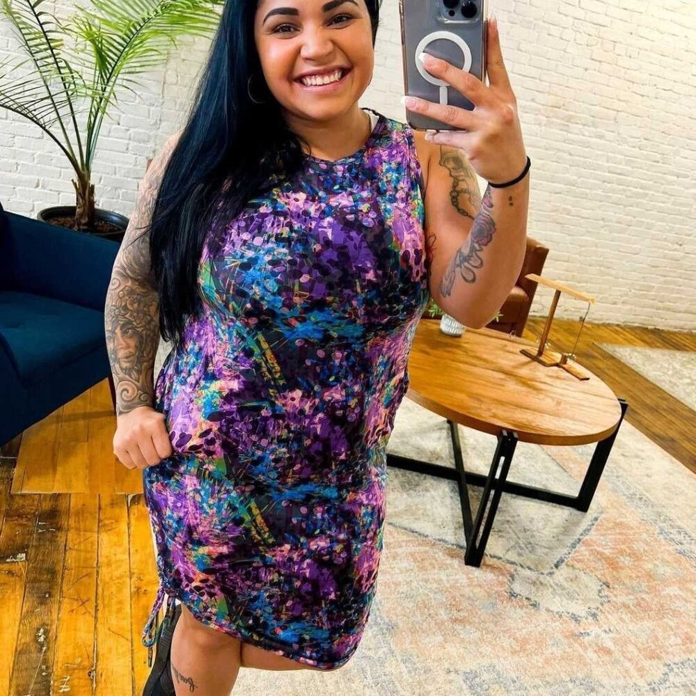 Constantly Varied Gear Purple Multiprint Sleeveless Sheath Dress
